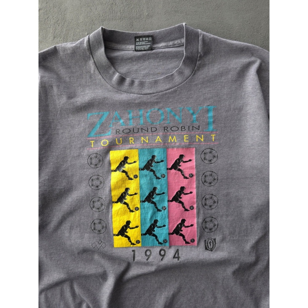 Vintage 90s Zahonyi Soccer Tournament Grey Single Stitch Crewneck T-shirt XL - Picture 2 of 7